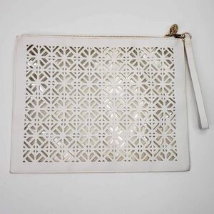 Tory Burch Fragrances Cut out Large Zip Clutch Purse Wristlet White